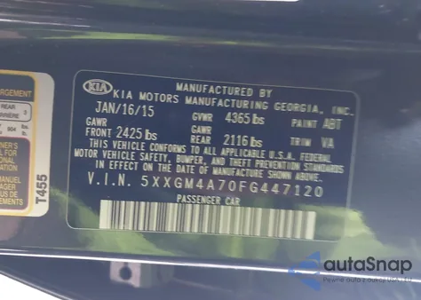 2015 Kia Optima Lx из США, поврежденный, VIN 5XXGM4A70FG447120